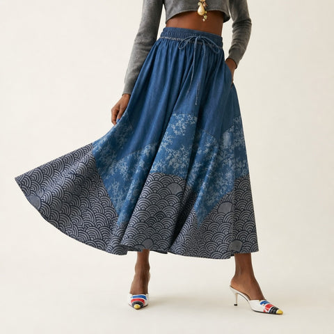 Adventurous Patchwork Denim Maxi Skirt