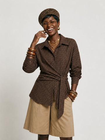 Grounded Plaid Tie-Waist Blouse