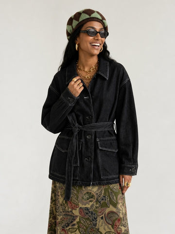 Confident Black Belted Denim Jacket