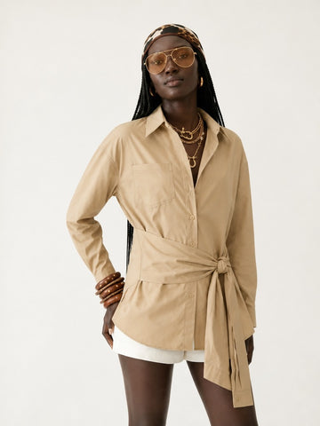 Grounded Khaki Tie-Waist Mini Dress
