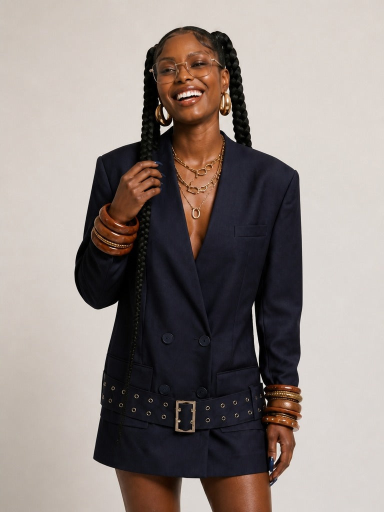 Confident Buckle Double Breasted Blazer Dress