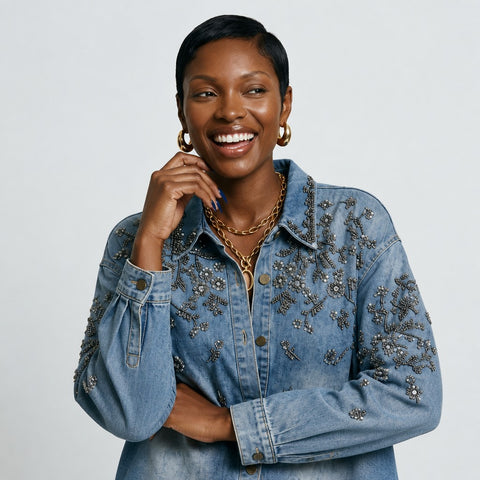 Divine Sequin Floral Denim Blouse