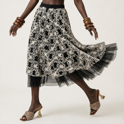 Ethereal Embroidered Mesh Maxi Skirt