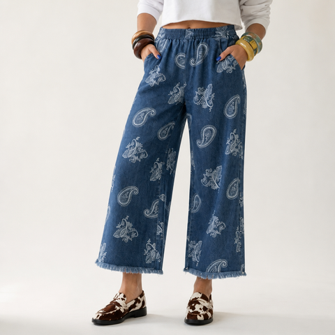 Wild Heart Paisley Wide-Leg Denim Pants