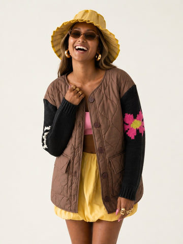 Vibrant Patchwork Knit Quilted Cardigan