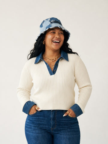 Audacious Denim Patchwork Knit Sweater