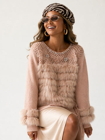Radiant Rhinestone Faux Fur Sweater