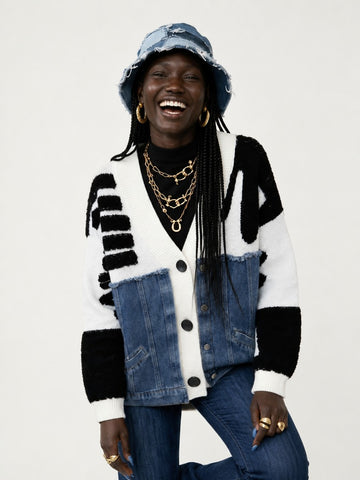 Unique Denim Patchwork Knit Cardigan
