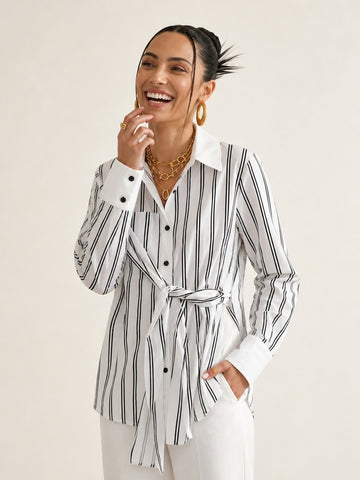 Confident Striped Belted Blouse