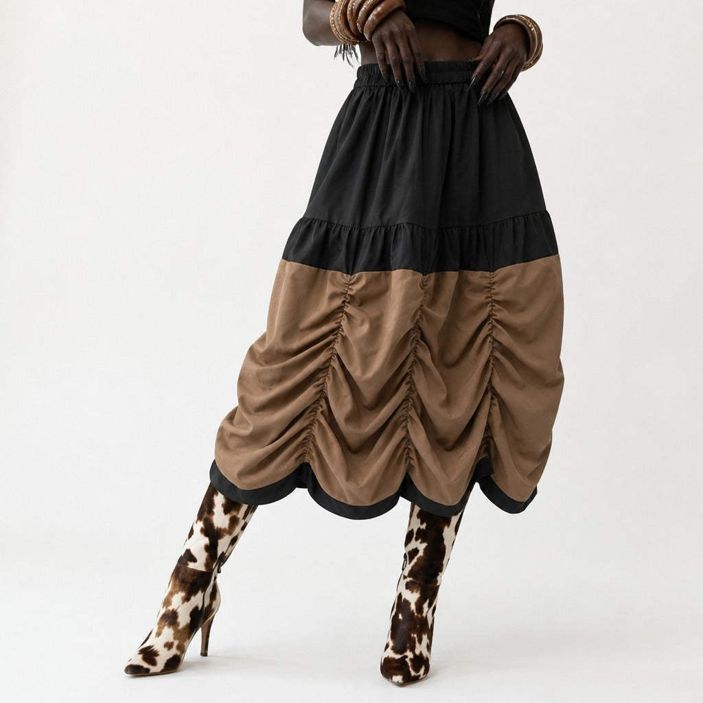 Grounded Ruched Two-Tone Midi Skirt