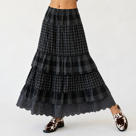 Grounded Plaid Tiered Maxi Skirt
