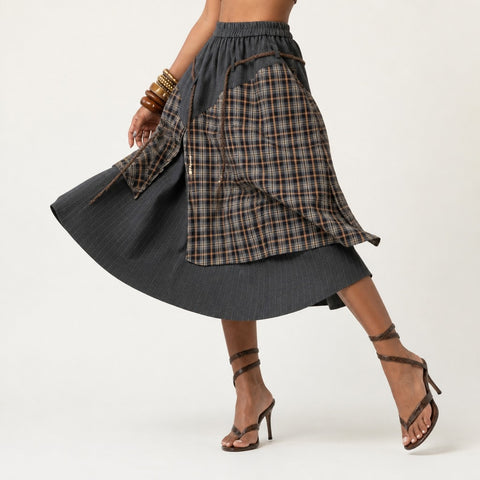 Grounded Plaid Patchwork Maxi Skirt