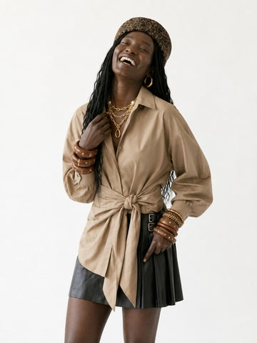 Elegant Oversized Tie-Belt Blouse