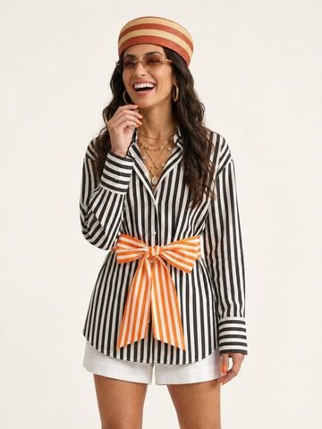 Confident Striped Sash Blouse