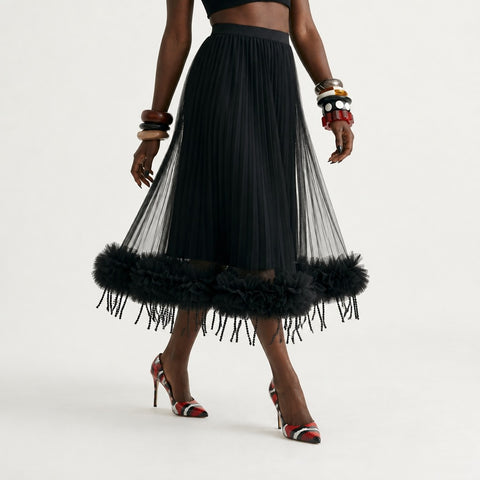 Audacious Pleated Mesh Tassel Skirt
