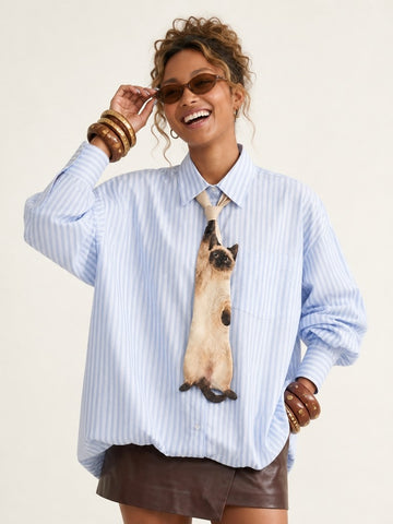 Unique Cat Tie Striped Blouse