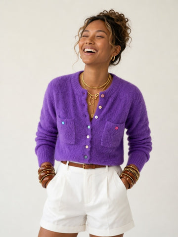 Vibrant Rainbow Buttoned Knit Cardigan