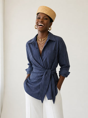 Confident Striped Tie-Waist Blouse