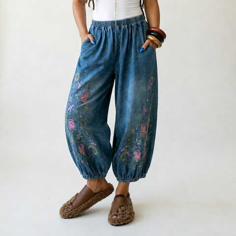 Free Spirit Embroidered Denim Wide-Leg Pants