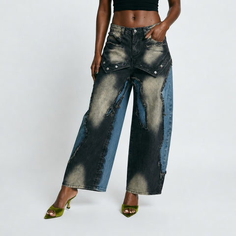 Audacious Patchwork Distressed Wide Jeans