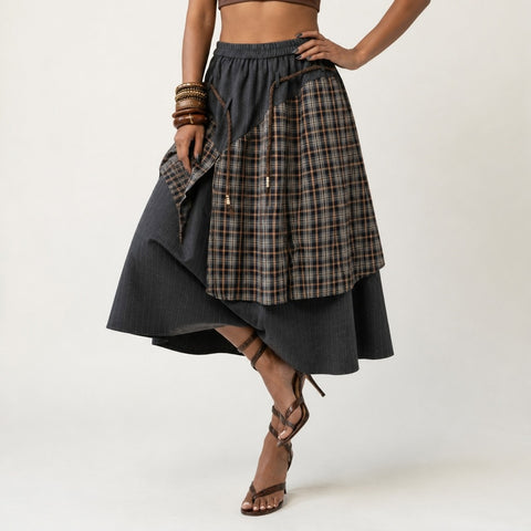 Grounded Plaid Patchwork Maxi Skirt