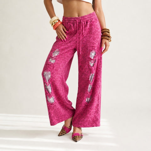 Daring Leopard Ripped Wide Leg Trousers