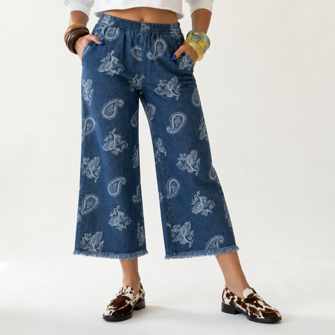 Wild Heart Paisley Wide-Leg Denim Pants