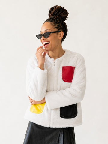 Vibrant Patchwork Faux Fur Jacket