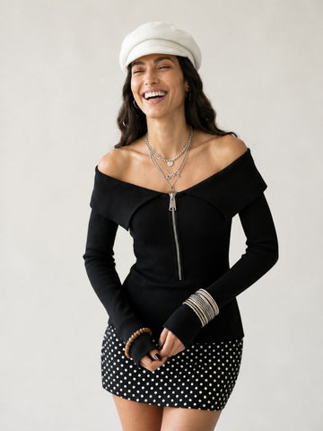 Confident Zipper Off-Shoulder Top