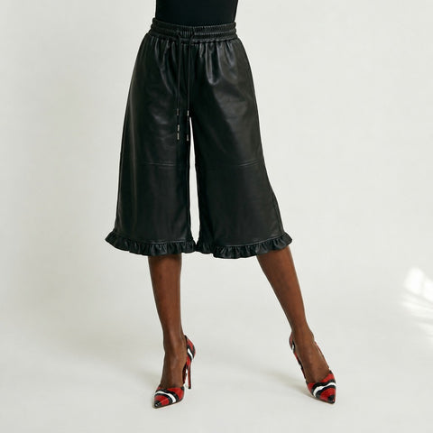 Audacious Cropped Ruffled Leather Pants