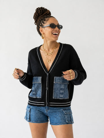 Distinctive Denim Patchwork Knit Cardigan