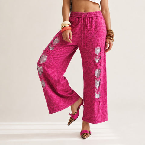 Daring Leopard Ripped Wide Leg Trousers