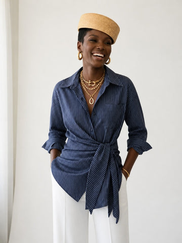 Confident Striped Tie-Waist Blouse