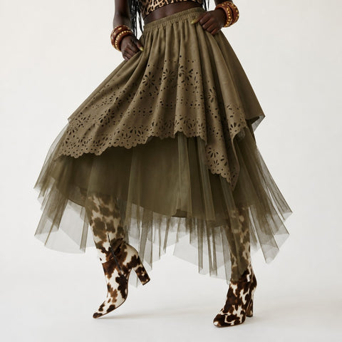 Grounded Faux Suede Mesh Skirt