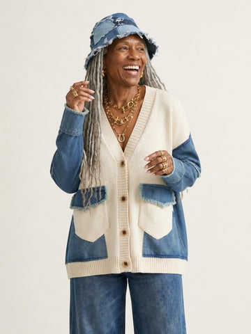 Unique Patchwork Knit Denim Cardigan