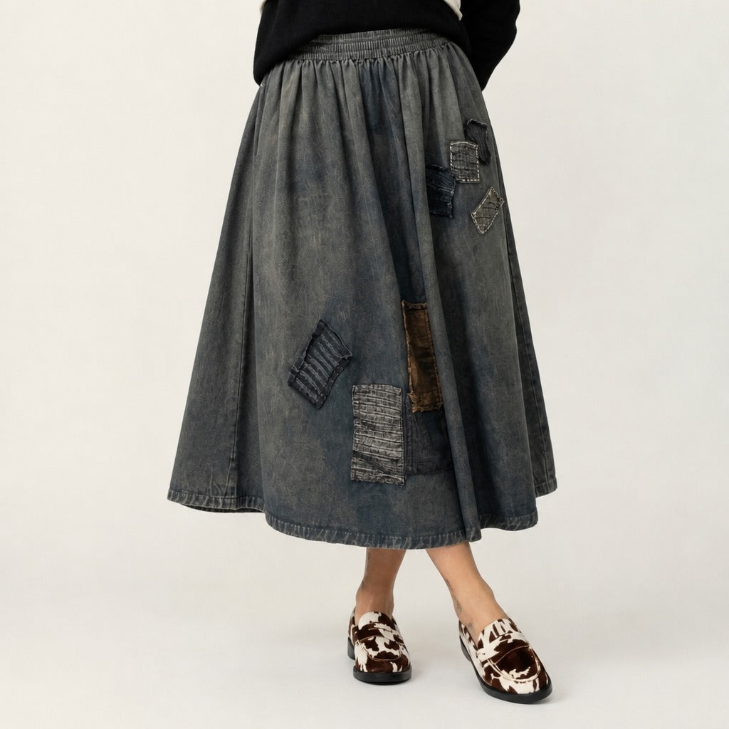 Unique Patchwork Denim Maxi Skirt