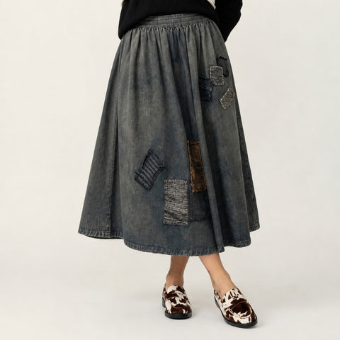 Unique Patchwork Denim Maxi Skirt