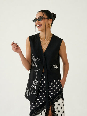 Unique Embroidered Asymmetrical Sleeveless Vest