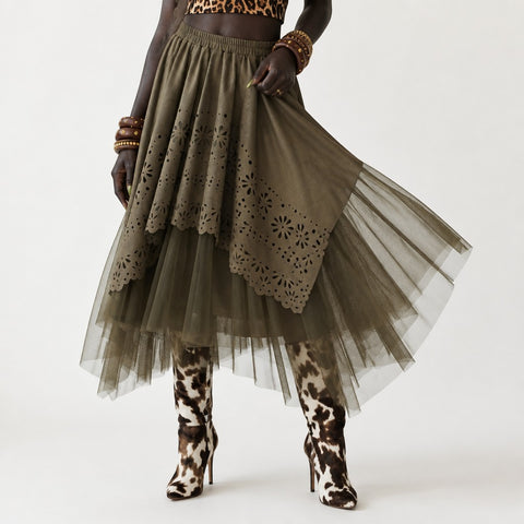 Grounded Faux Suede Mesh Skirt