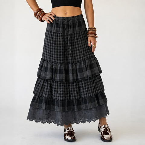 Grounded Plaid Tiered Maxi Skirt
