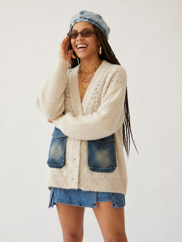 Unique Knit Denim Patchwork Cardigan