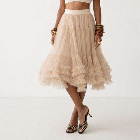 Ethereal Tiered Mesh Midi Skirt