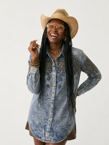 Adventurous Embroidered Oversized Denim Blouse