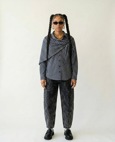 Unique Plaid Irregular Bow Blouse