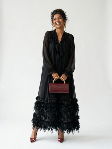Divine Chiffon Feather Trim Maxi Dress