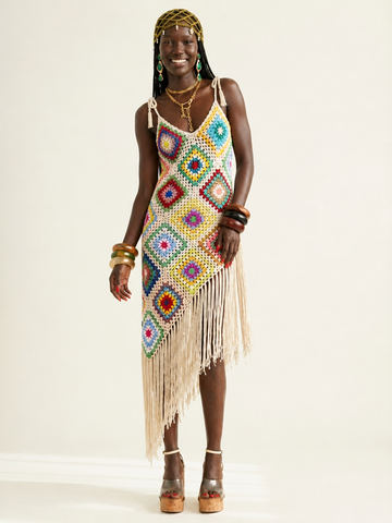 Vibrant Crochet Tassel Maxi Dress