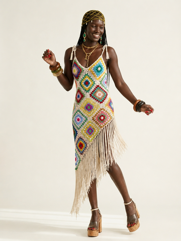 Vibrant Crochet Tassel Maxi Dress