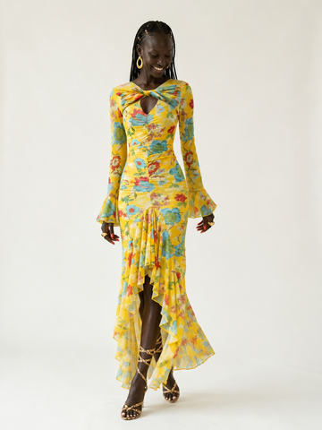 Vibrant Floral Ruffle Maxi Dress