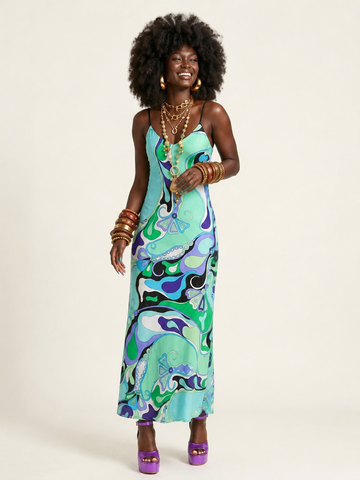 Vibrant Printed Satin Midi Dress