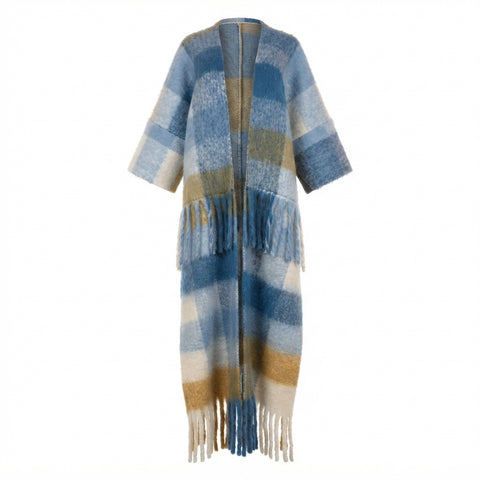 Vibrant Plaid Tassel Long Coat
